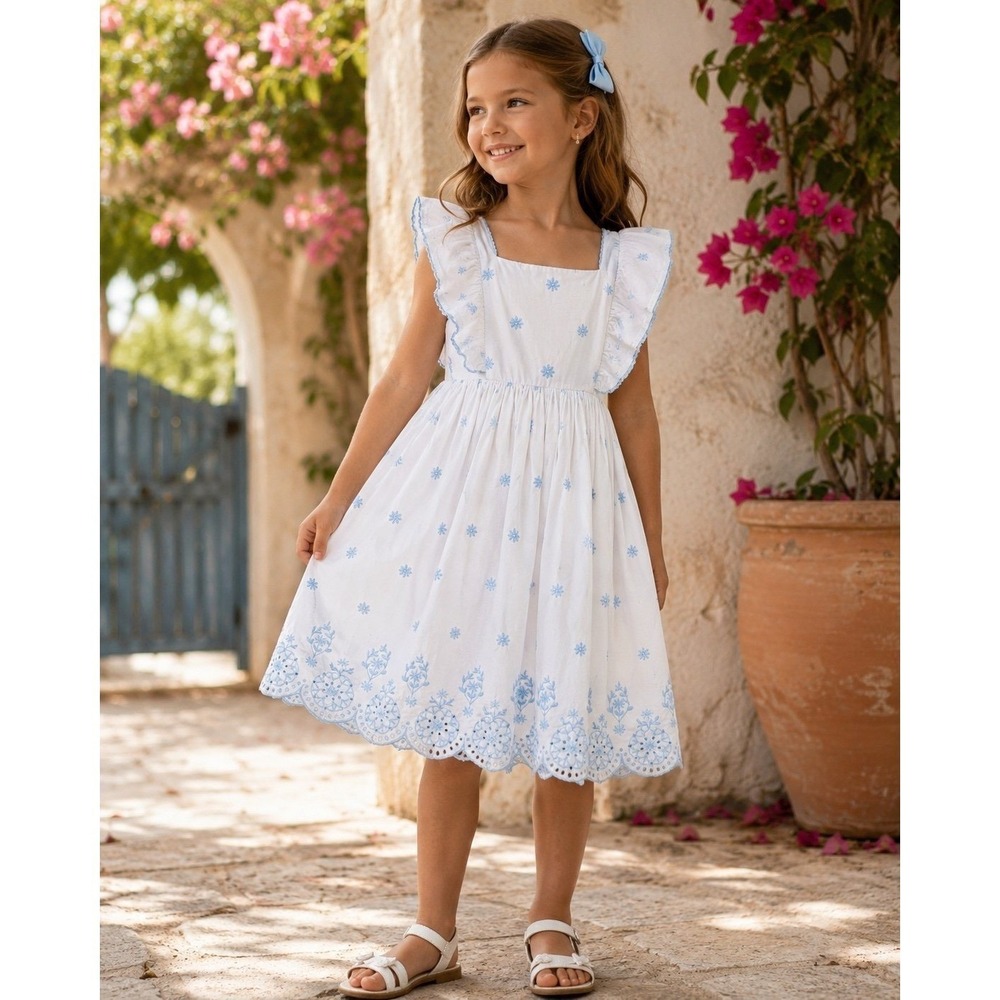 Rachel Zoe Girls White Blue Embroidered Eyelet Dress Size 6 Flutter Sleeve
